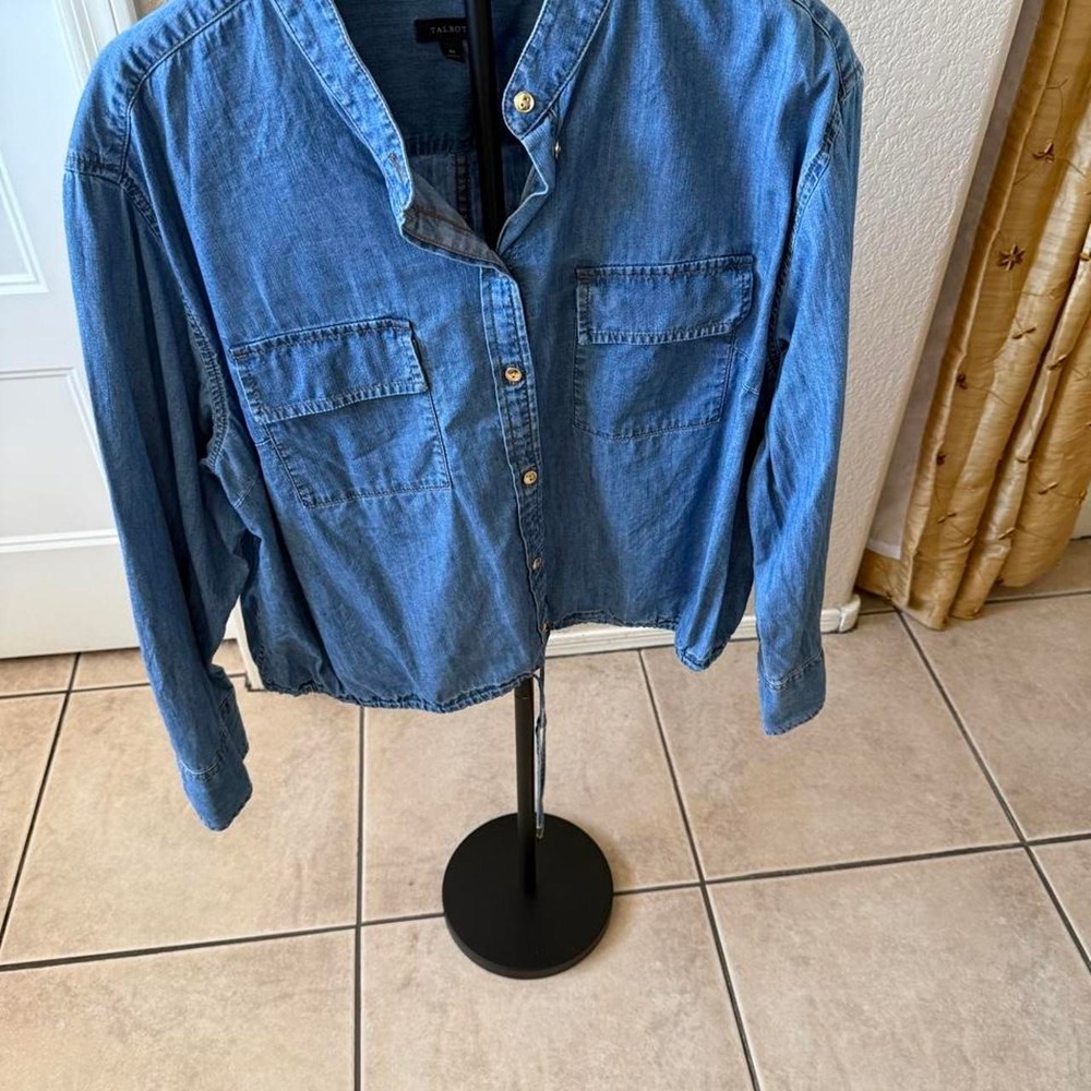 Talbots Womens XL Blue Denim Button Down Shirt Drawstring Hem Gold Buttons